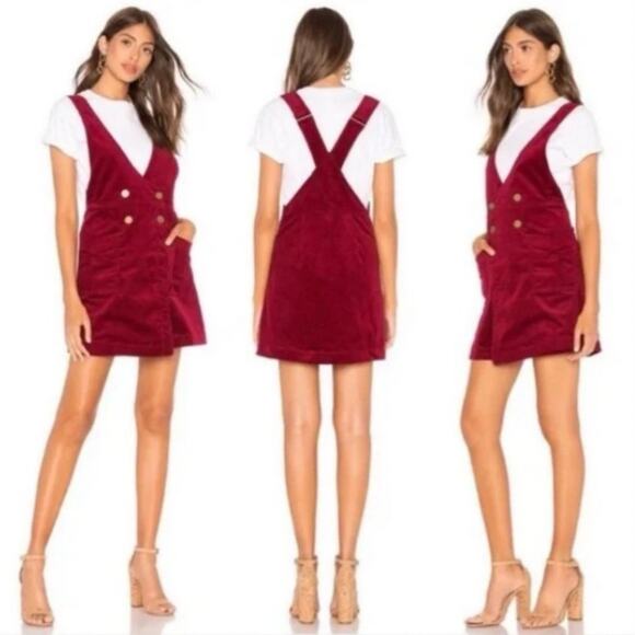 Free People Canyonland Jumper Dress Size 10 Red Velvet Corduroy Button Front NEW - Picture 1 of 11